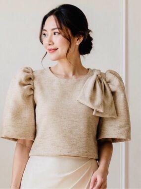 Modern Filipiniana top- Women's Cream Puff-Sleeve Bow Knit Top